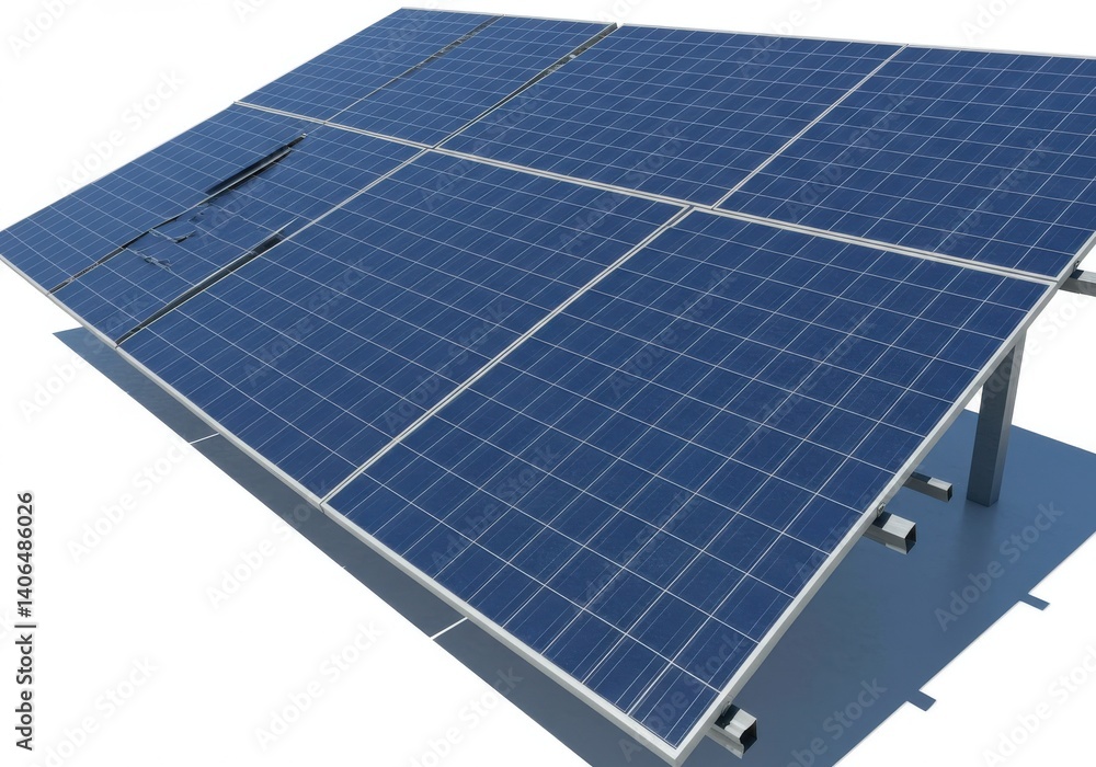 Poster solar panels array with some damage on one panel against a white background in a studio shot