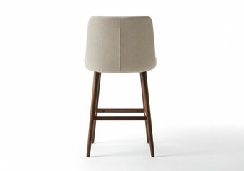 A back view of a modern bar stool with a beige seat and dark wooden legs on a white background space