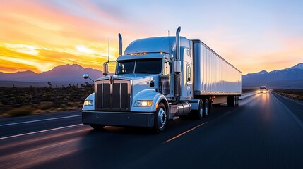 Semi-truck on highway at sunset