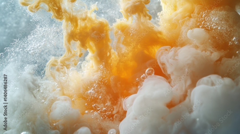 Poster a mesmerizing mix of swirling orange and white hues, creating dynamic textures and bubbles in a capt