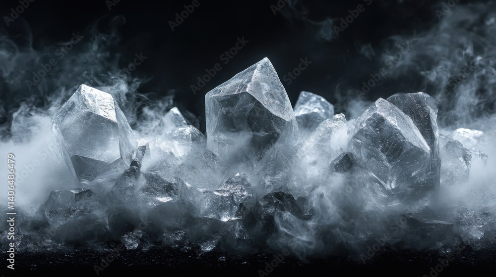 Poster a striking image of clear crystals surrounded by mist, creating a mystical and ethereal atmosphere.