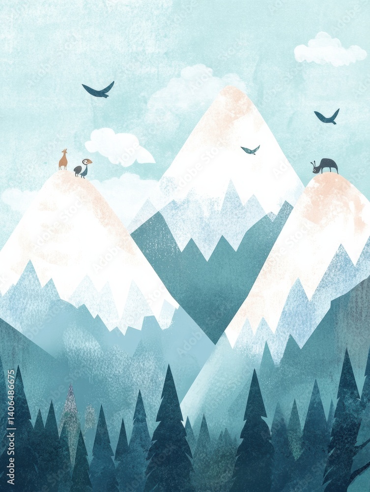 Aufkleber Soft illustrated mountain landscape with fluffy clouds and tiny animals in a serene Lapki-inspired setting during daytime