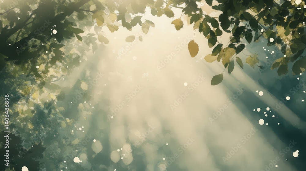 Poster sunlight filtering through a tranquil forest canopy.