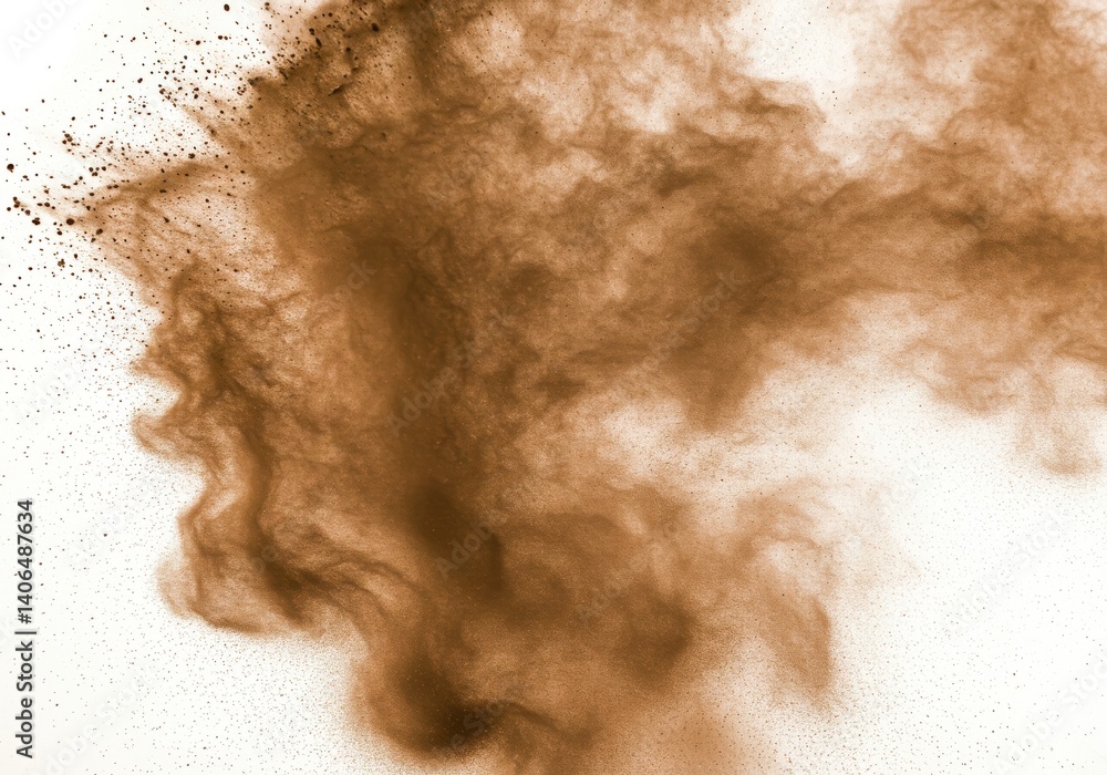 Poster abstract brown dust cloud explosion against white background creating dynamic and textured effect
