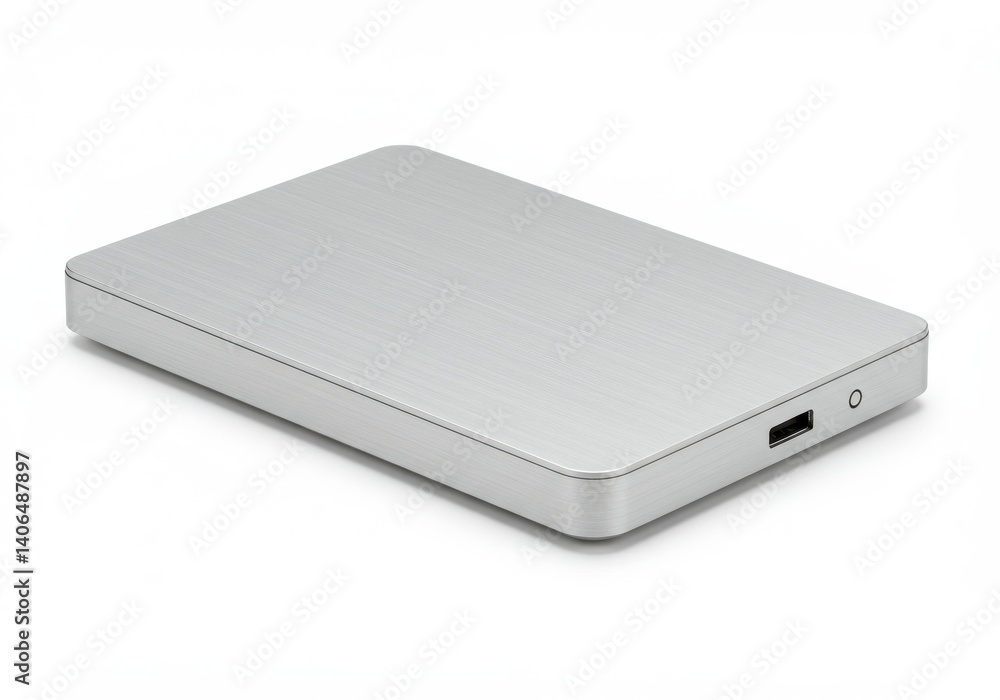 Poster a silver external hard drive is displayed on a white surface in a studio setting for product photogr