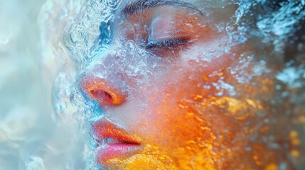 Fototapeta premium An ethereal portrait of a woman submerged in water, with colorful reflections creating a dreamy, surreal effect.