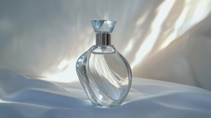 Elegant and fluid glass perfume bottle illuminated by soft light on white fabric background