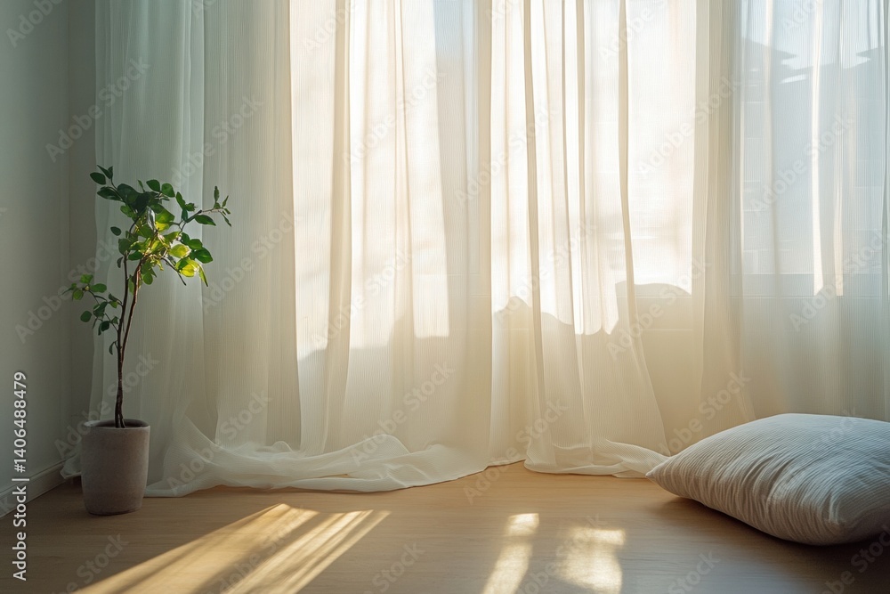 Poster soft sunlight filters through sheer curtains in a cozy minimal room, creating a tranquil atmosphere 