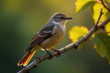 Naklejka premium A small bird perched on a slender branch, bathed in the warm glow of the setting sun, its feathers displaying intricate details