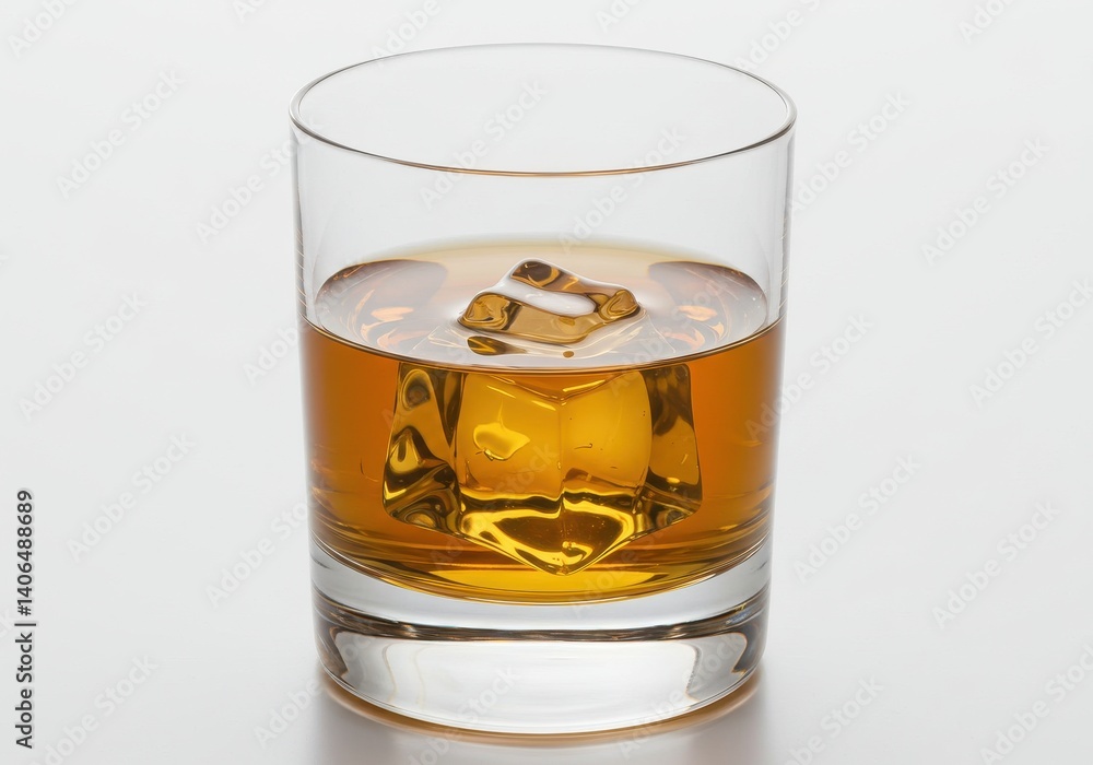 Poster a glass filled with whiskey and a large ice cube on a white surface in a studio setting with light