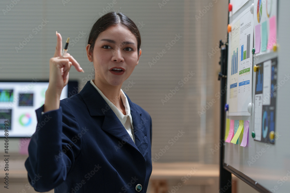 Poster young businesswoman explaining business strategy using whiteboard and sticky notes during a corporat