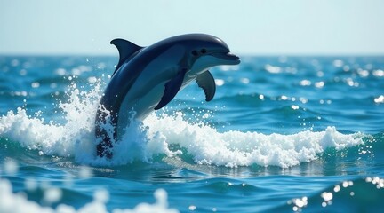 A playful marine mammal leaps from the ocean waves, creating a burst of white foam.