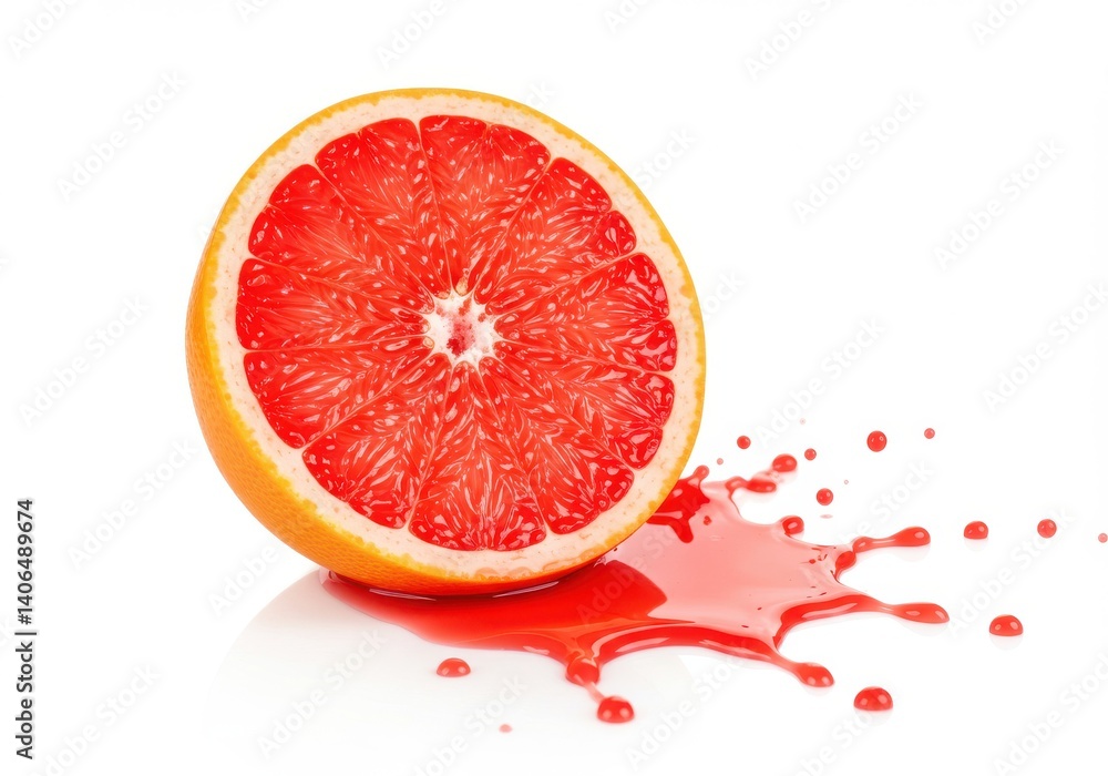 Poster a vibrant half grapefruit with juice splashing on a white surface creating a refreshing scene here