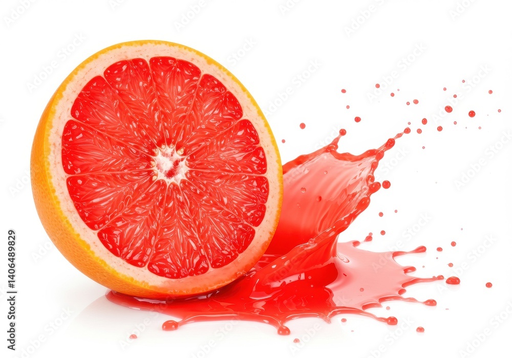 Poster a halved grapefruit with juice splashing out on a white background in a studio shot close up view