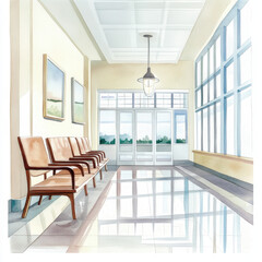 Fototapeta premium Serene Waiting Area with Wooden Chairs and Bright Natural Light