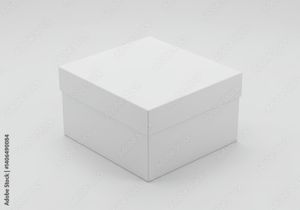 Poster a minimalist view of a closed square white box on a white surface with soft lighting effect