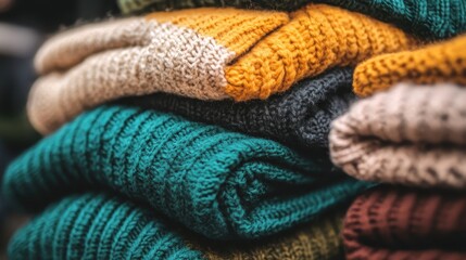 A stack of colorful knitted sweaters, close-up.