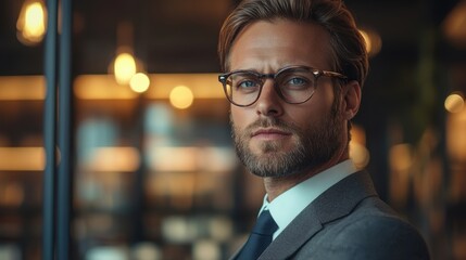 Fototapeta premium A confident man in formal attire, wearing glasses, gazes thoughtfully in a warmly lit modern office environment.