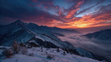 Obraz premium Majestic mountain range panorama at fiery sunset.