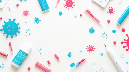 Colorful Illustration of Virus Cells and Medical Supplies on Table