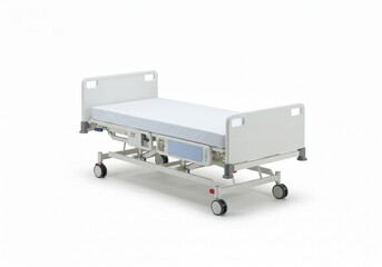 A white hospital bed with wheels and a mattress on a white background in a studio setting view