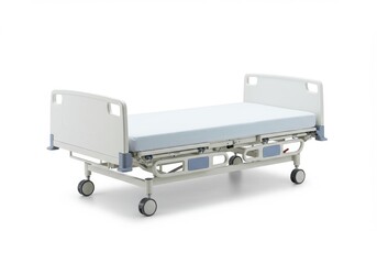 A white hospital bed with a light blue mattress on a white background in a studio setting view