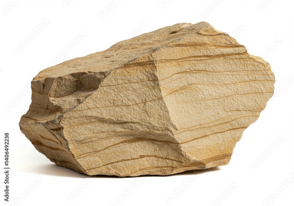 Poster a close up shot of a large tan rock with horizontal lines on a white background in a studio setting