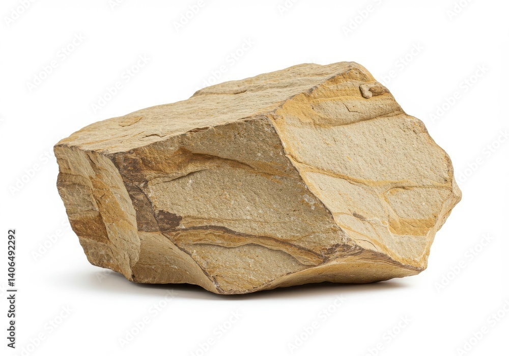 Poster a close up shot of a large tan rock with visible layers on a plain white background in studio settin