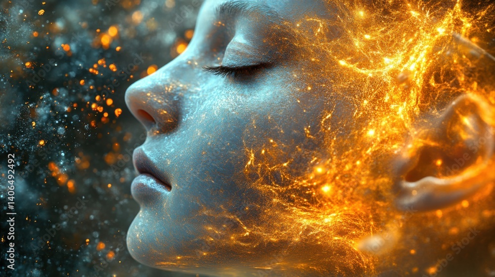 Poster a close-up of a serene face with glowing, fiery patterns, creating a mystical and ethereal atmospher