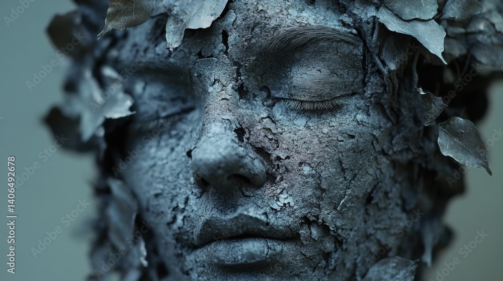 Poster a textured face covered in a bark-like pattern, with leaves integrated into the design, evoking a co