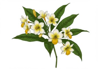 Obraz premium Illustration of plumeria flowers with yellow centers and green leaves on a white background
