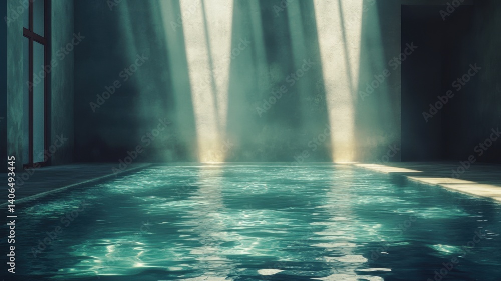 Poster a serene indoor pool with sunlight streaming through, creating a tranquil atmosphere with reflection