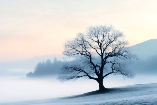Bare tree standing on a frozen field in a foggy winter morning landscape