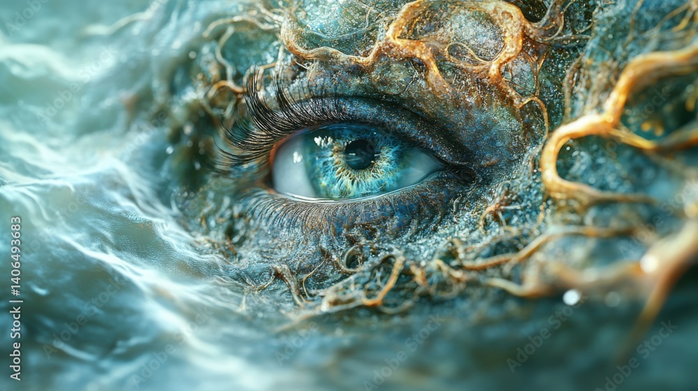 Poster an ethereal close-up of an eye surrounded by flowing water and intricate organic patterns, creating 
