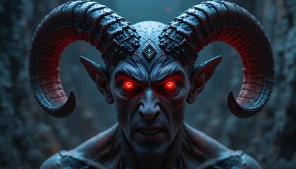 Horned Creature Glaring with Glowing Red Eyes in Dark Atmosphere