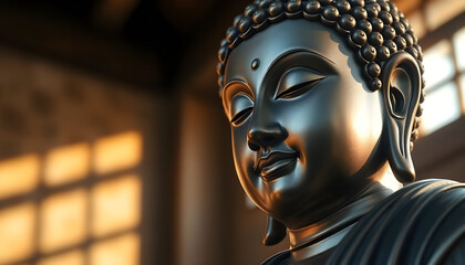 close up of a buddha statue in a room
