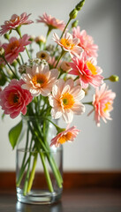 glass vase filled with pink and yellow flowers