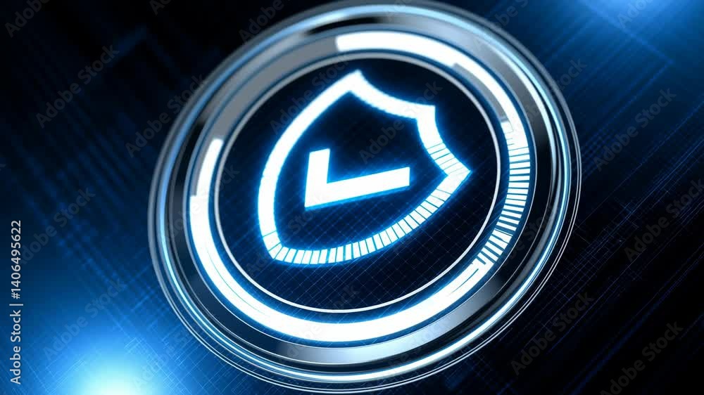 Poster a glowing blue shield with a checkmark is encased in a metallic circular interface against a dark, a