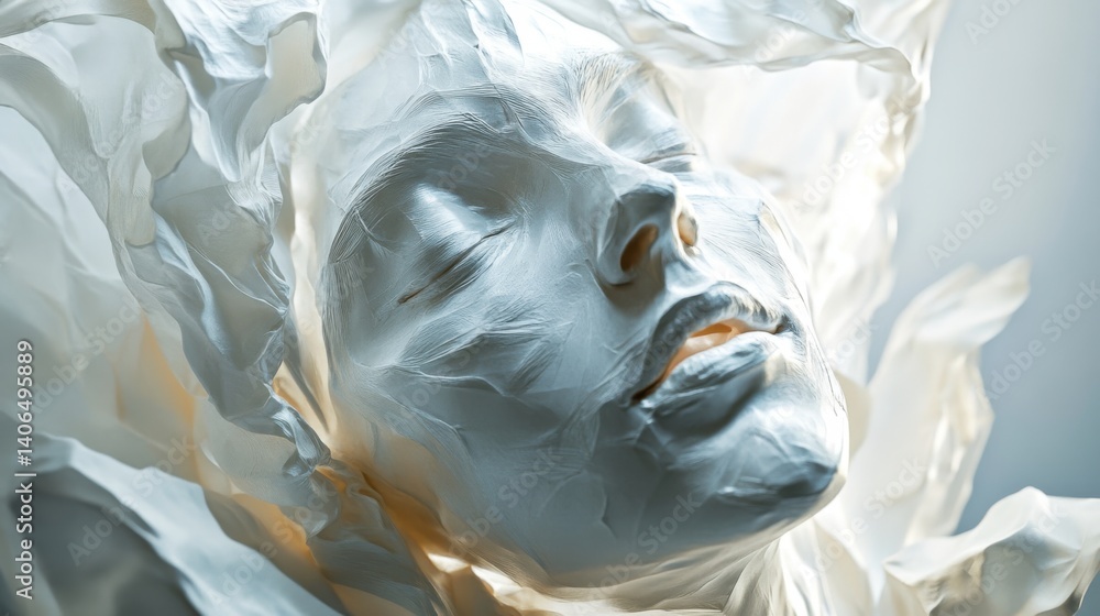 Poster ethereal depiction of a serene face enveloped in translucent layers, evoking feelings of tranquility