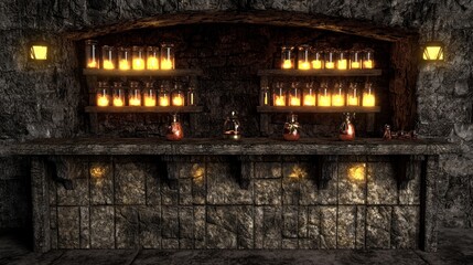 Dark stone alcove with glowing vials