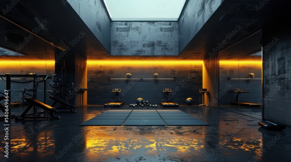 Poster a gym with a black floor and yellow ceiling lights, creating a dynamic workout environment.