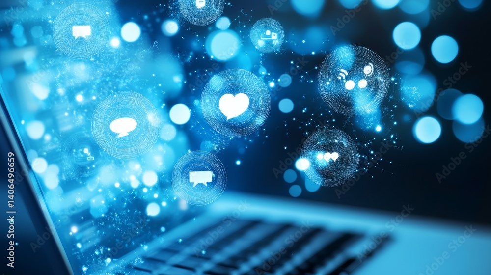 Poster digital communication and chatbot concept with ai chat bubbles floating from a laptop on a high-tech