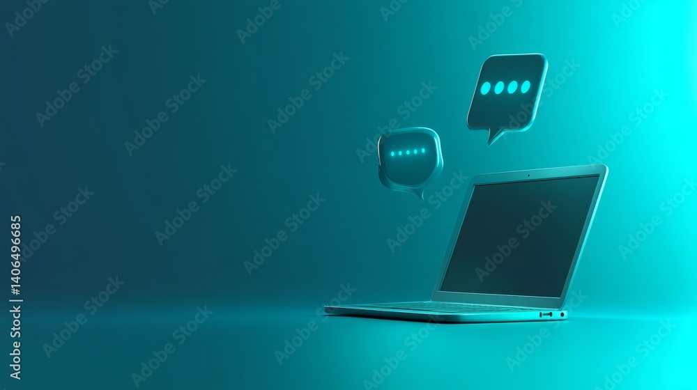 Poster digital communication and chatbot concept with ai chat bubbles floating from a laptop on a high-tech