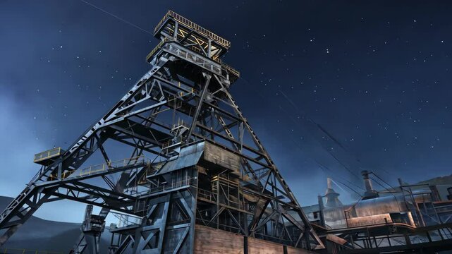 Nightfall at the Colliery: A Majestic Headframe Under the Stars