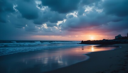 Obraz premium Sunset Beach: Capturing the captivating allure of a beach as the sun descends, casting a breathtaking tapestry of colors across the sky and sea. It's a peaceful retreat