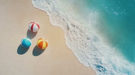 Obraz premium Holiday summer scene with beach ball and sand play, aerial view of detailed beach balls on sculpted sand art, radiant natural light from white clouds casting soft sand shadows, vibrant shore,