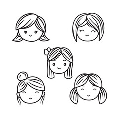 Set of Beautiful People Girl Face Character with Coiffure Hairstyle Hair in Line Art Style