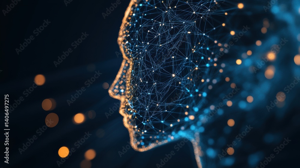 Poster a digital representation of a human head, composed of glowing nodes and connections, symbolizing art