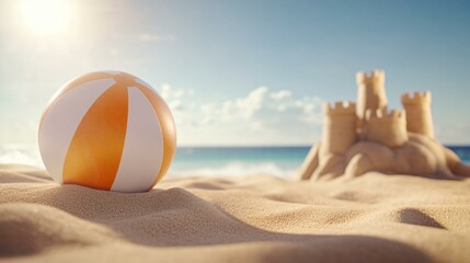 Holiday summer vibe with beach ball and sand play, detailed beach ball with shiny panels beside a carved sand tower, bright indoor light from open cabanas casting sharp castle shadows, coastal