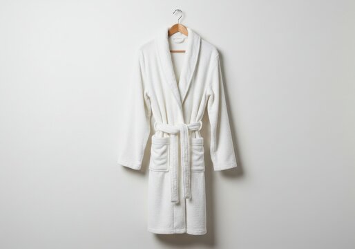A white robe hangs on a wooden hanger against a plain white background in a studio setting